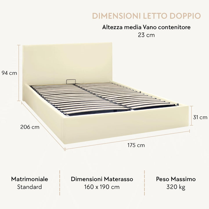 OnNuvo Letto Contenitore Matrimoniale Imbottito LONDON, Vano Sotto Letto 23 cm, Sollevamento Idraulico, Montaggio Semplice, Con DOGHE ANTIRUMORE in Faggio Naturale