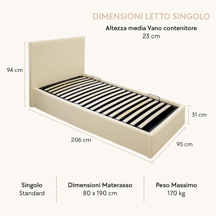 OnNuvo Letto Contenitore Singolo 80x190 cm Imbottito LONDON, Vano Sotto Letto 23 cm, Sollevamento Idraulico, Montaggio Semplice, Con DOGHE ANTIRUMORE in Faggio Naturale, Brand Italiano, Beige