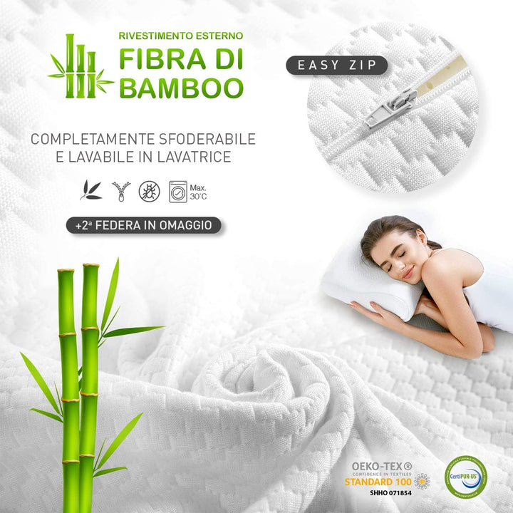 Cuscino per cervicale in Memory Foam ad alta densità 50 kg/m3 con due federe | Rivestimento esterno in fibra di bamboo