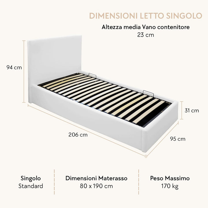 OnNuvo Letto Contenitore Singolo 80x190 cm Imbottito LONDON, Vano Sotto Letto 23 cm, Sollevamento Idraulico, Montaggio Semplice, Con DOGHE ANTIRUMORE in Faggio Naturale, Brand Italiano, Bianco