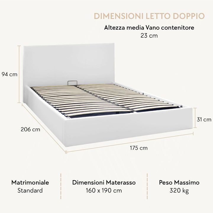 OnNuvo Letto Contenitore Matrimoniale Imbottito LONDON, Vano Sotto Letto 23 cm, Sollevamento Idraulico, Montaggio Semplice, Con DOGHE ANTIRUMORE in Faggio Naturale, Bianco