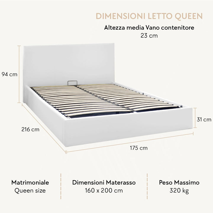 OnNuvo Letto Contenitore Matrimoniale Imbottito LONDON, Vano Sotto Letto 23 cm, Sollevamento Idraulico, Montaggio Semplice, Con DOGHE ANTIRUMORE in Faggio Naturale, Bianco