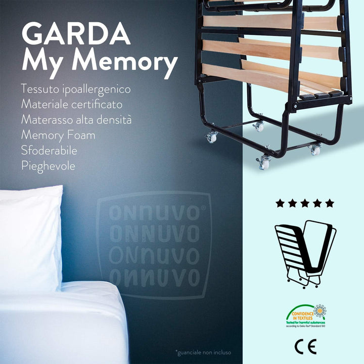 GARDA è il letto pieghevole salvaspazio che puoi riporre facilmente | Tessuto ipoallergenico, materiale certificato, Materasso alta densità, Memory Foam, Sfoderabile, Pieghevole