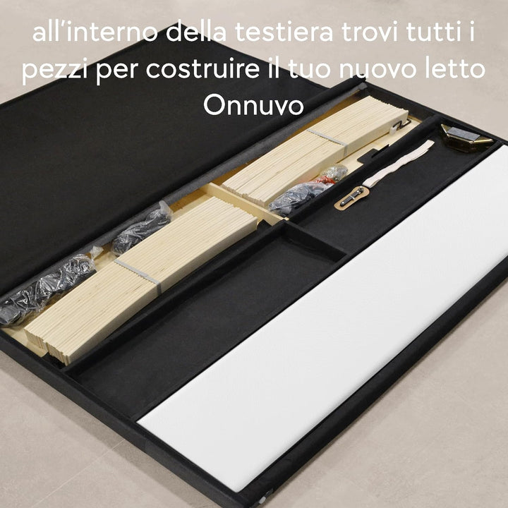 OnNuvo Letto Contenitore Matrimoniale Imbottito LONDON, Vano Sotto Letto 23 cm, Sollevamento Idraulico, Montaggio Semplice, Con DOGHE ANTIRUMORE in Faggio Naturale, Bianco