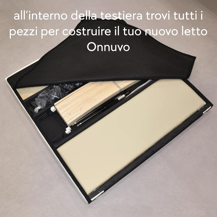 OnNuvo Letto Contenitore Singolo 80x190 cm Imbottito LONDON, Vano Sotto Letto 23 cm, Sollevamento Idraulico, Montaggio Semplice, Con DOGHE ANTIRUMORE in Faggio Naturale, Brand Italiano, Beige