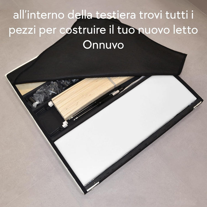 OnNuvo Letto Contenitore Singolo 80x190 cm Imbottito LONDON, Vano Sotto Letto 23 cm, Sollevamento Idraulico, Montaggio Semplice, Con DOGHE ANTIRUMORE in Faggio Naturale, Brand Italiano, Bianco