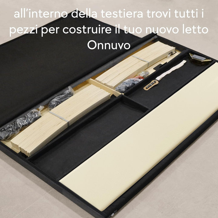 OnNuvo Letto Contenitore Matrimoniale Imbottito LONDON, Vano Sotto Letto 23 cm, Sollevamento Idraulico, Montaggio Semplice, Con DOGHE ANTIRUMORE in Faggio Naturale