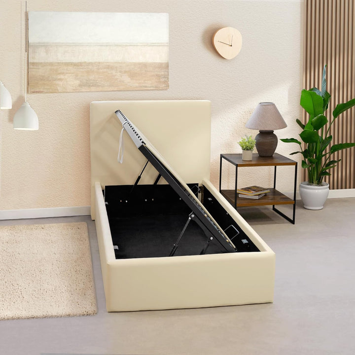 OnNuvo Letto Contenitore Singolo 80x190 cm Imbottito LONDON, Vano Sotto Letto 23 cm, Sollevamento Idraulico, Montaggio Semplice, Con DOGHE ANTIRUMORE in Faggio Naturale, Brand Italiano, Beige