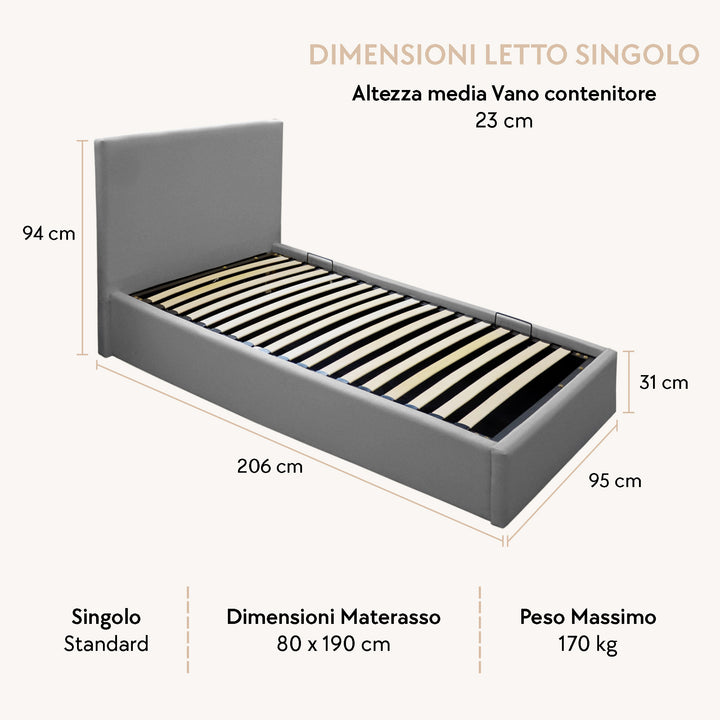 LONDON letto contenitore singolo grigio | Dettaglio dimensioni