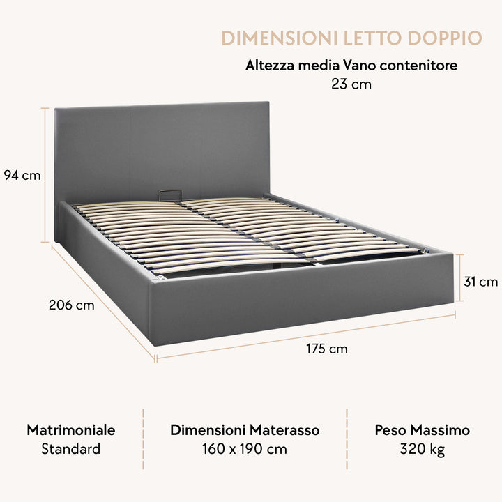 LONDON letto contenitore matrimoniale grigio | Dettaglio dimensioni