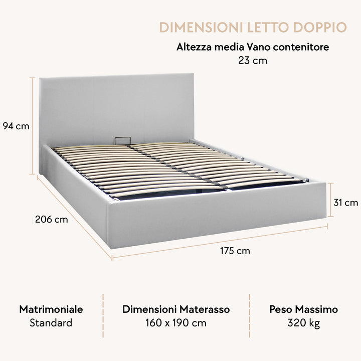 LONDON letto contenitore matrimoniale grigio chiaro | Dettagli dimensioni